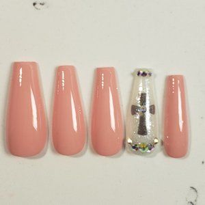 Boho cross sparkle Custom gel Press on Nails Handmade 10 pc set bling